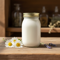 Oxeye Daisy lanolin lotion in a wide-mouth mason jar with gold lid, with daisy flowers and lavender