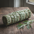12-inch pure mugwort smudge stick bound with natural twine on a wooden surface with silvery green mugwort sprigs