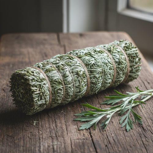 12-inch pure mugwort smudge stick bound with natural twine on a wooden surface with silvery green mugwort sprigs