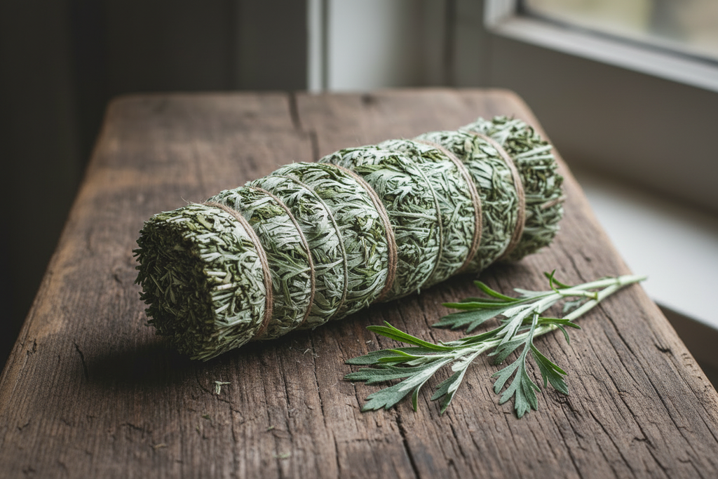 Long slender 12-inch pure mugwort smudge stick bound with natural twine on a wooden surface