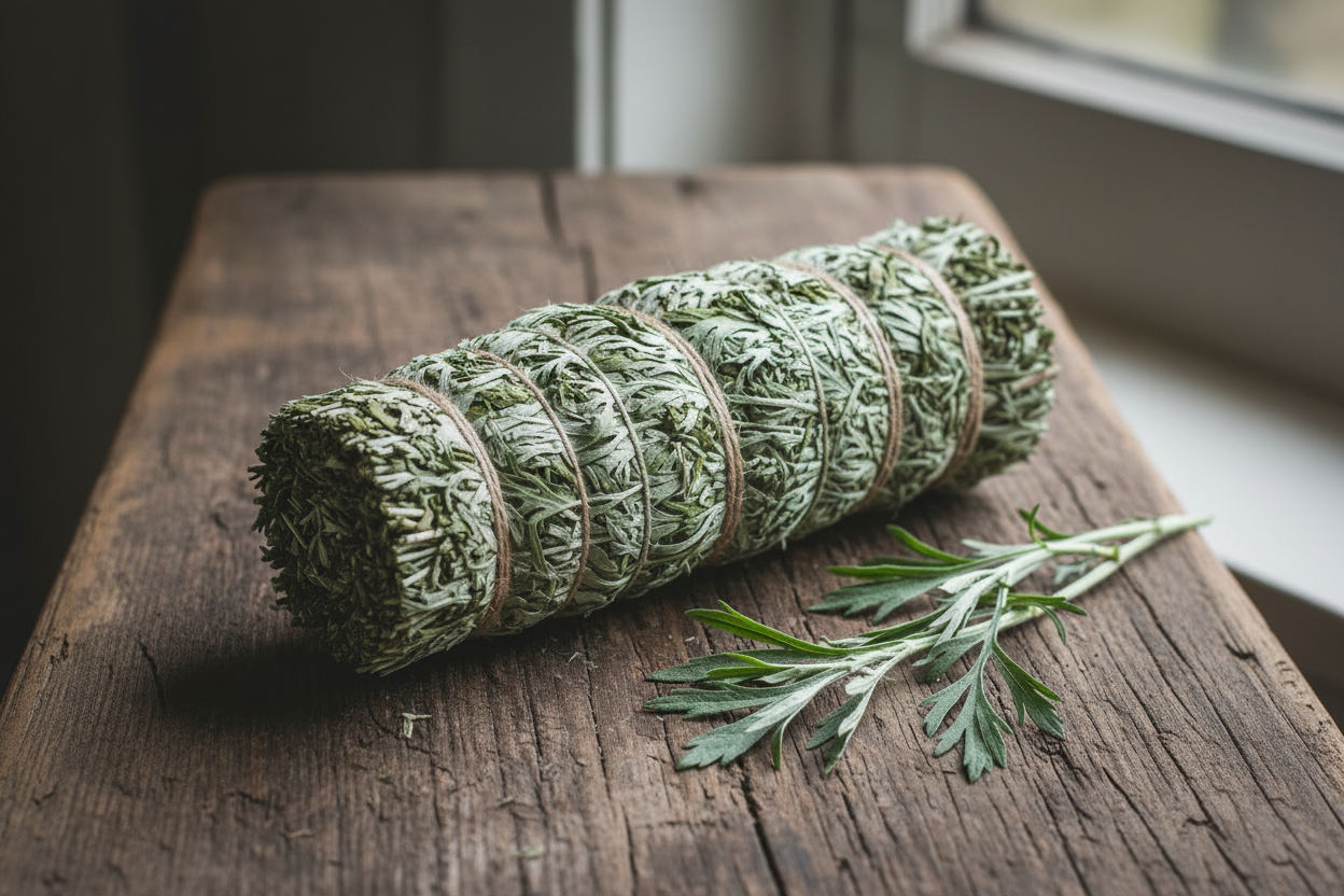 Long slender 12-inch pure mugwort smudge stick bound with natural twine on a wooden surface
