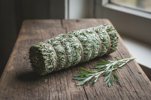 Long slender 12-inch pure mugwort smudge stick bound with natural twine on a wooden surface