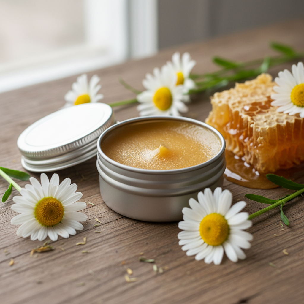 Oxeye Daisy beeswax salve in a round silver tin with white daisy flowers and honeycomb