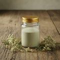 Yarrow herbal powder in a clear glass jar with a gold lid, surrounded by dried yarrow flowers