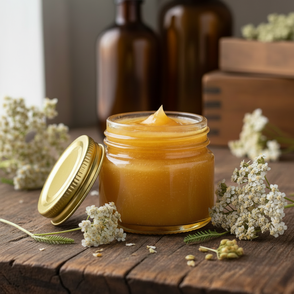 Yarrow beeswax salve in a clear glass jar with a gold lid, with honeycomb and dried yarrow flowers