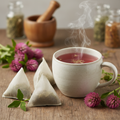 Red clover herbal tea bags beside a steaming mug of rosy pink tea with red clover blossoms
