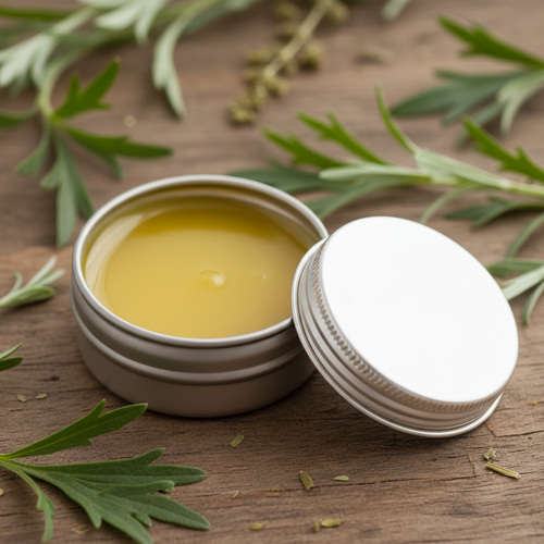 Mugwort beeswax salve in a round silver tin with silvery green mugwort leaf sprigs