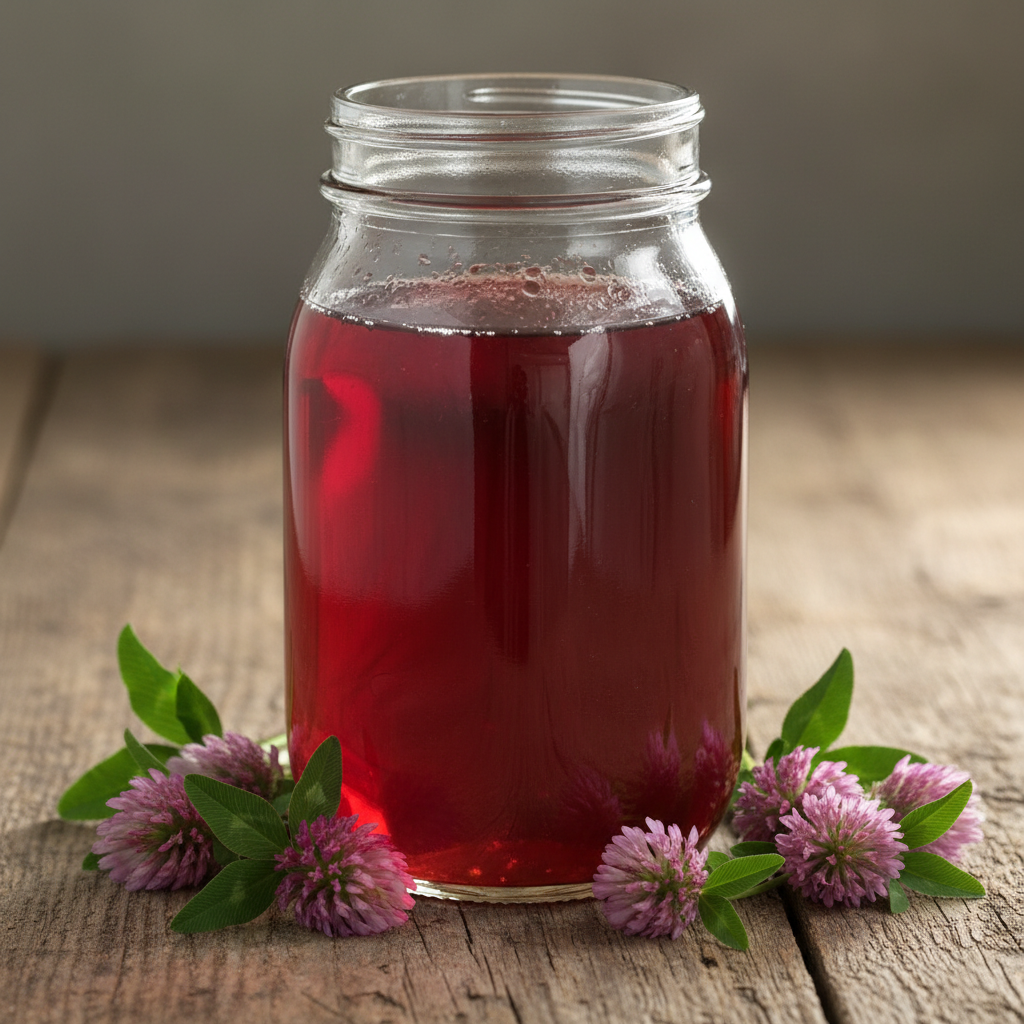 1-liter glass mason jar of red clover cold brew tea with red clover blossoms on a wooden surface