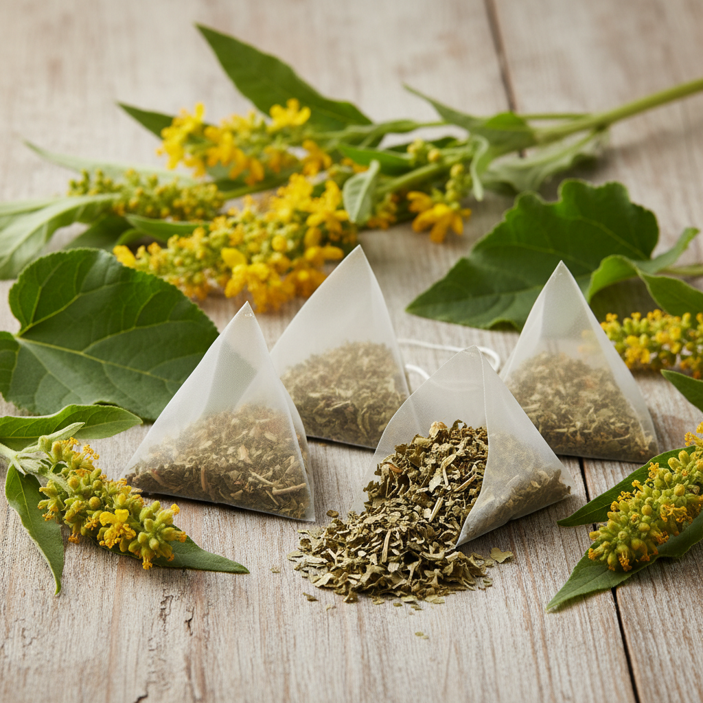 Mullein tea bags surrounded by mullein leaves and yellow flowers on a wooden background