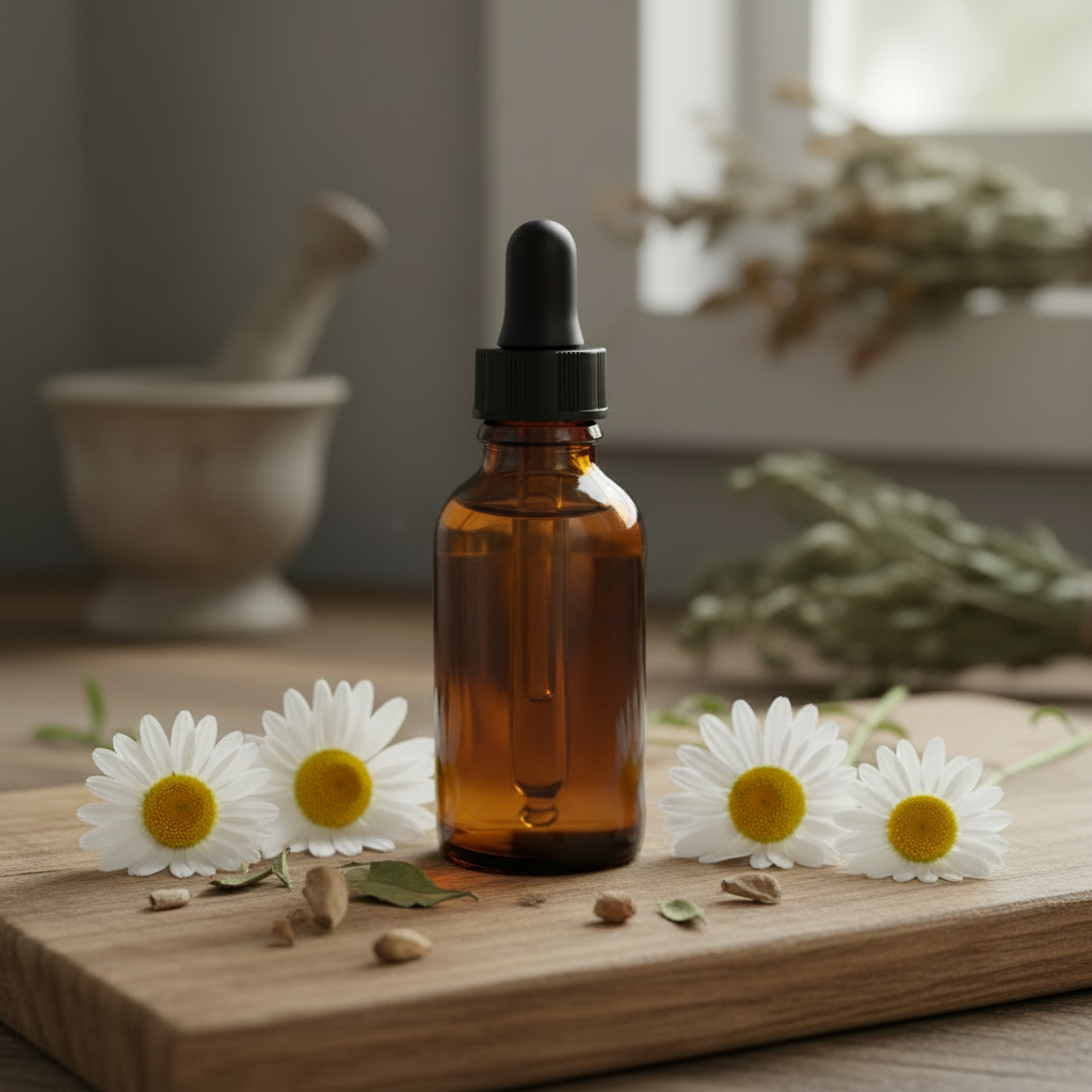 Plain amber glass dropper bottle of Oxeye Daisy tincture with white daisy flowers