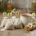 Oxeye Daisy herbal tea bags beside a steaming mug with fresh white daisy flowers