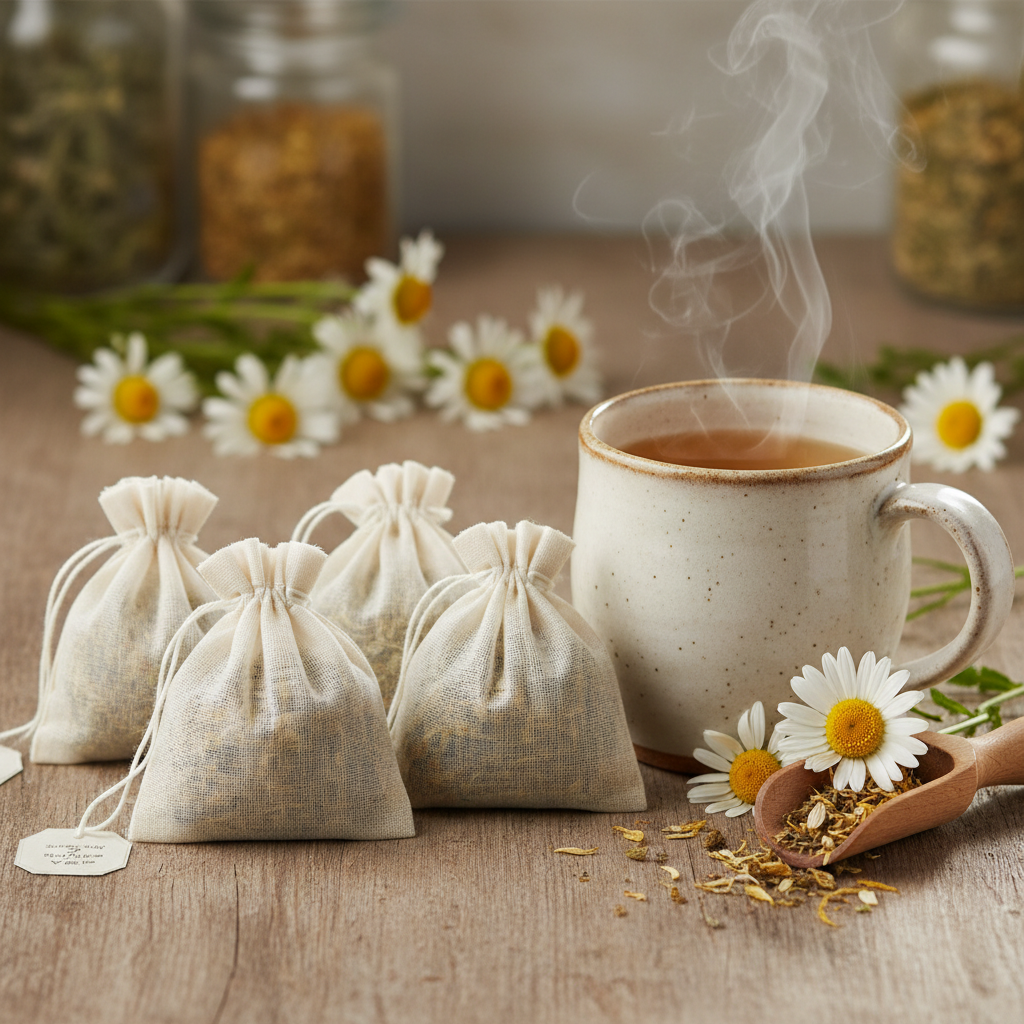 Oxeye Daisy herbal tea bags beside a steaming mug with fresh white daisy flowers